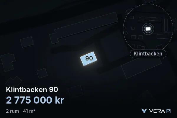 VERA PI:s bild av Klintbacken 90: huset i 3D, upplyst i blått, och kartan runt omkring