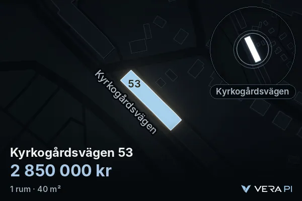 VERA PI:s bild av Kyrkogårdsvägen 53: huset i 3D, upplyst i blått, och kartan runt omkring