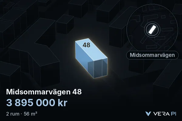 VERA PI's image of Midsommarvägen 48: the building in 3D, lit in blue, and the map around it