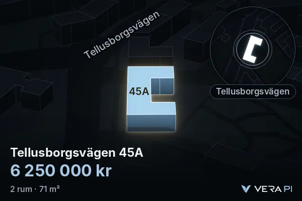 VERA PI's image of Tellusborgsvägen 45A: the building in 3D, lit in blue, and the map around it