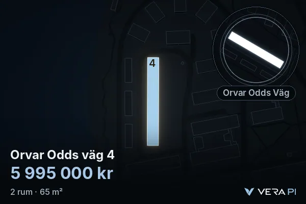 VERA PI's image of Orvar Odds väg 4: the building in 3D, lit in blue, and the map around it