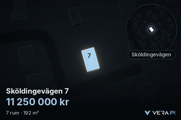 VERA PI:s bild av Sköldingevägen 7: huset i 3D, upplyst i blått, och kartan runt omkring