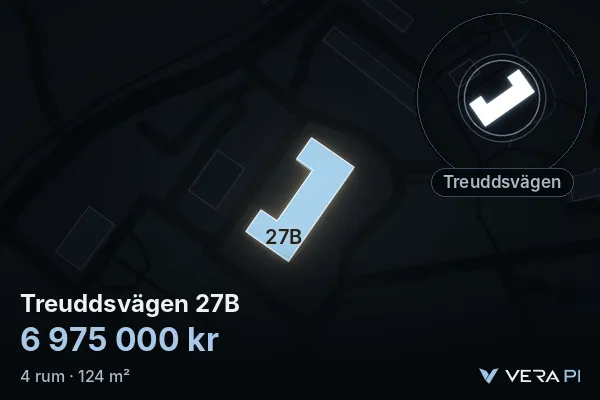 VERA PI's image of Treuddsvägen 27B: the building in 3D, lit in blue, and the map around it