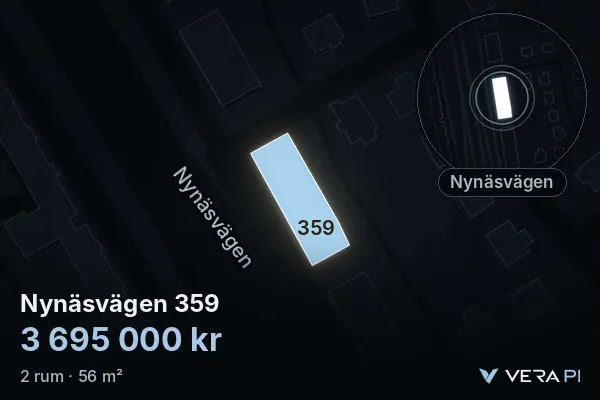 VERA PI:s bild av Nynäsvägen 359: huset i 3D, upplyst i blått, och kartan runt omkring