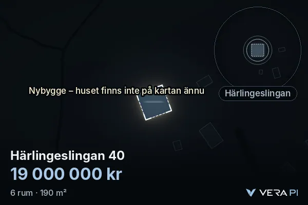 VERA PI's image of Härlingeslingan 40: the building in 3D, lit in blue, and the map around it