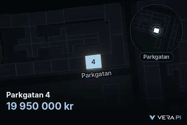 VERA PI:s bild av Parkgatan 4: huset i 3D, upplyst i blått, och kartan runt omkring