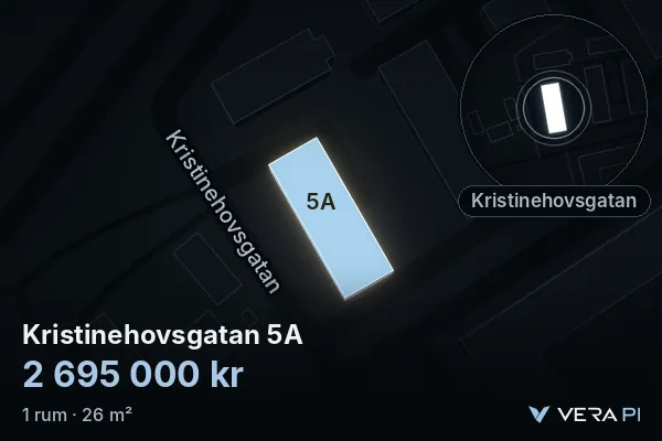 VERA PI:s bild av Kristinehovsgatan 5A: huset i 3D, upplyst i blått, och kartan runt omkring