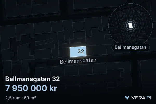 VERA PI:s bild av Bellmansgatan 32: huset i 3D, upplyst i blått, och kartan runt omkring