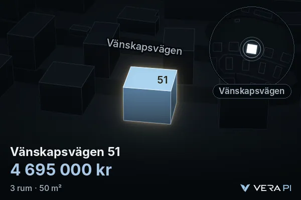 VERA PI's image of Vänskapsvägen 51: the building in 3D, lit in blue, and the map around it