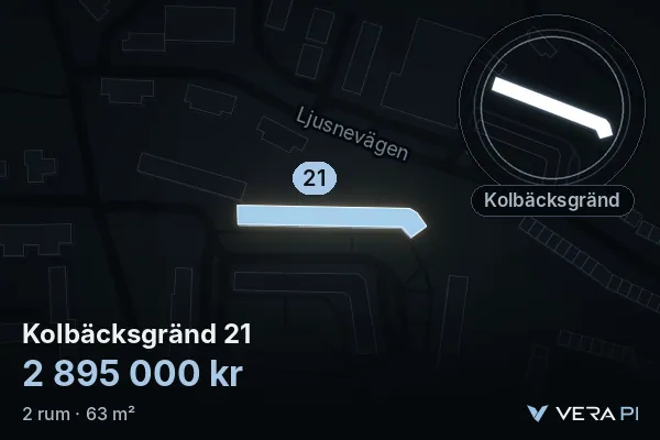 VERA PI:s bild av Kolbäcksgränd 21: huset i 3D, upplyst i blått, och kartan runt omkring