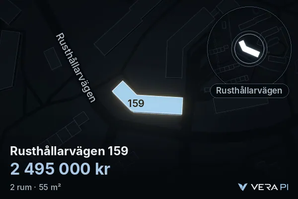 VERA PI:s bild av Rusthållarvägen 159: huset i 3D, upplyst i blått, och kartan runt omkring