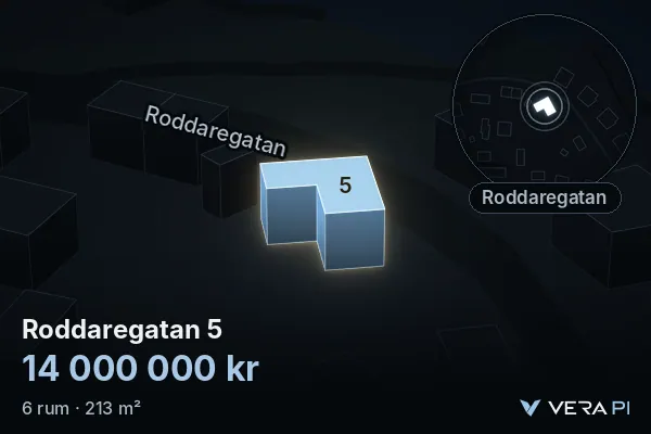 VERA PI:s bild av Roddaregatan 5: huset i 3D, upplyst i blått, och kartan runt omkring