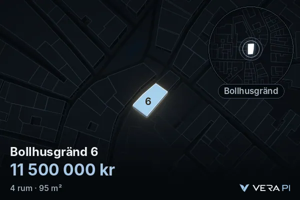 VERA PI:s bild av Bollhusgränd 6: huset i 3D, upplyst i blått, och kartan runt omkring