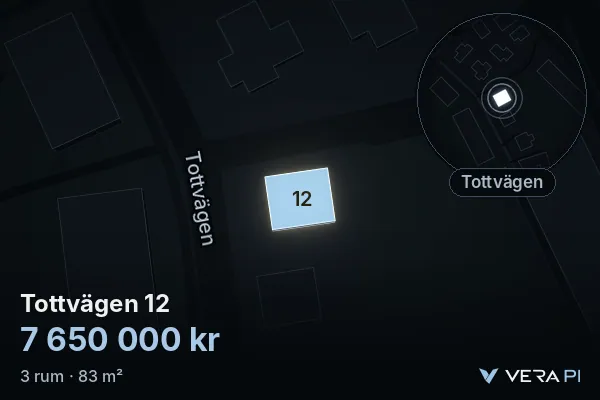 VERA PI's image of Tottvägen 12: the building in 3D, lit in blue, and the map around it