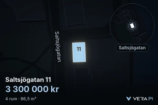 VERA PI's image of Saltsjögatan 11: the building in 3D, lit in blue, and the map around it