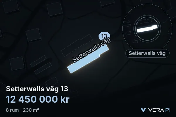 VERA PI:s bild av Setterwalls väg 13: huset i 3D, upplyst i blått, och kartan runt omkring