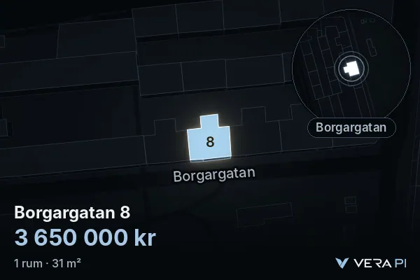 VERA PI:s bild av Borgargatan 8: huset i 3D, upplyst i blått, och kartan runt omkring