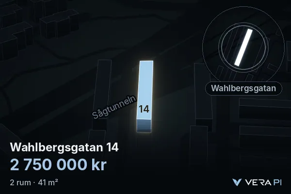 VERA PI's image of Wahlbergsgatan 14: the building in 3D, lit in blue, and the map around it