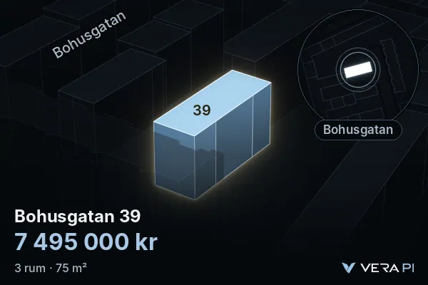 VERA PI's image of Bohusgatan 39: the building in 3D, lit in blue, and the map around it
