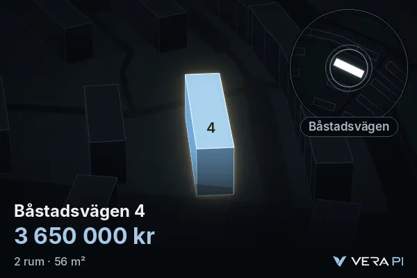 VERA PI's image of Båstadsvägen 4: the building in 3D, lit in blue, and the map around it