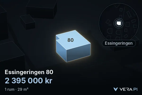 VERA PI's image of Essingeringen 80: the building in 3D, lit in blue, and the map around it