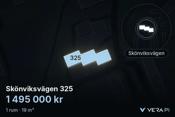 VERA PI:s bild av Skönviksvägen 325: huset i 3D, upplyst i blått, och kartan runt omkring