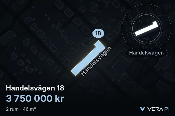 VERA PI:s bild av Handelsvägen 18: huset i 3D, upplyst i blått, och kartan runt omkring