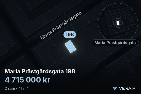 VERA PI:s bild av Maria Prästgårdsgata 19B: huset i 3D, upplyst i blått, och kartan runt omkring
