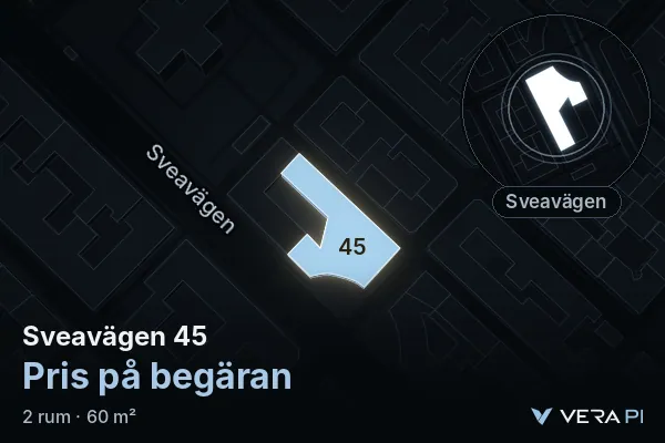 VERA PI:s bild av Sveavägen 45: huset i 3D, upplyst i blått, och kartan runt omkring