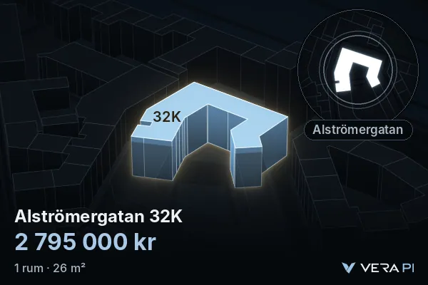 VERA PI:s bild av Alströmergatan 32K: huset i 3D, upplyst i blått, och kartan runt omkring