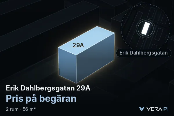 VERA PI:s bild av Erik Dahlbergsgatan 29A: huset i 3D, upplyst i blått, och kartan runt omkring
