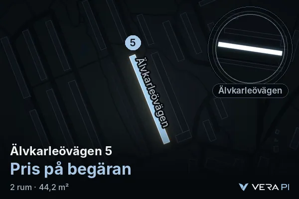 VERA PI's image of Älvkarleövägen 5: the building in 3D, lit in blue, and the map around it
