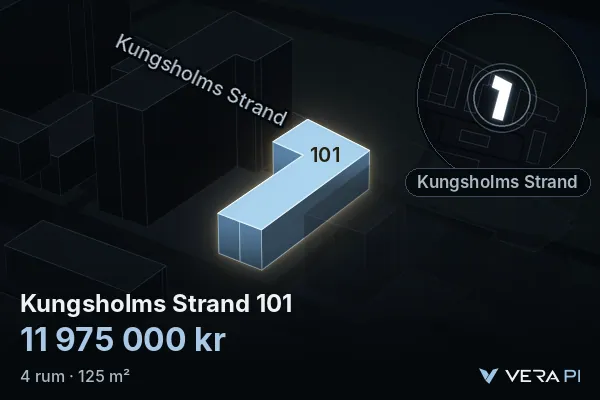VERA PI:s bild av Kungsholms Strand 101: huset i 3D, upplyst i blått, och kartan runt omkring