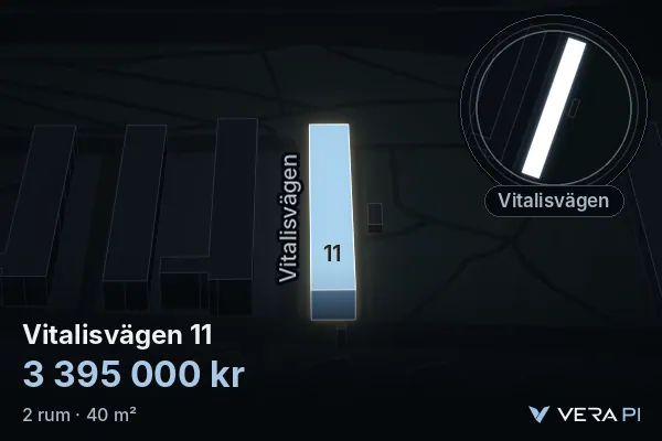 VERA PI:s bild av Vitalisvägen 11: huset i 3D, upplyst i blått, och kartan runt omkring