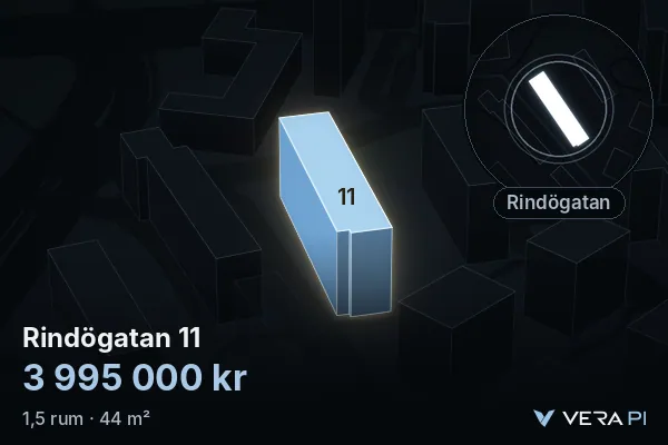 VERA PI:s bild av Rindögatan 11: huset i 3D, upplyst i blått, och kartan runt omkring