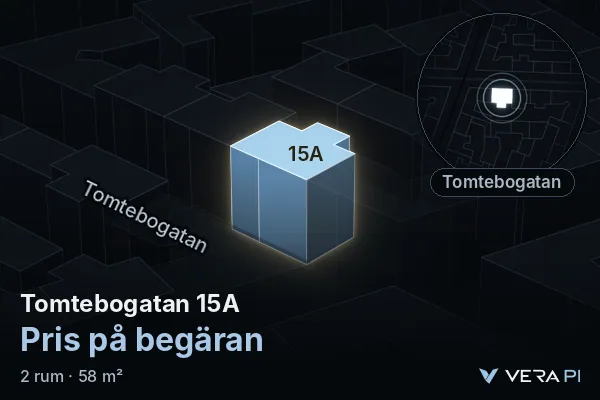 VERA PI:s bild av Tomtebogatan 15A: huset i 3D, upplyst i blått, och kartan runt omkring