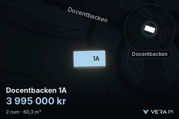 VERA PI:s bild av Docentbacken 1A: huset i 3D, upplyst i blått, och kartan runt omkring