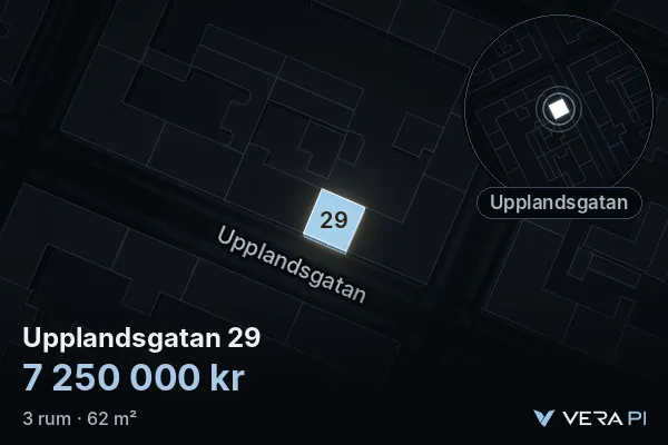 VERA PI:s bild av Upplandsgatan 29: huset i 3D, upplyst i blått, och kartan runt omkring