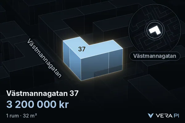 VERA PI:s bild av Västmannagatan 37: huset i 3D, upplyst i blått, och kartan runt omkring