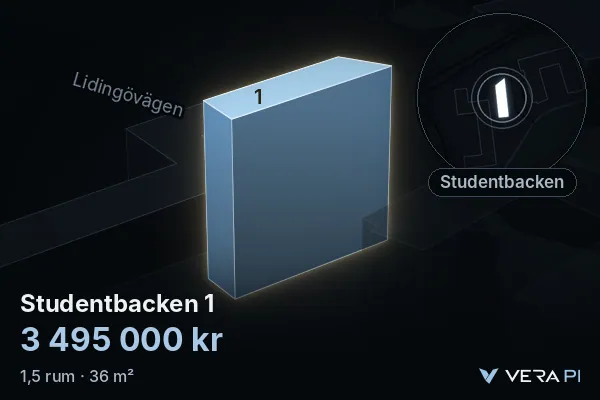 VERA PI:s bild av Studentbacken 1: huset i 3D, upplyst i blått, och kartan runt omkring