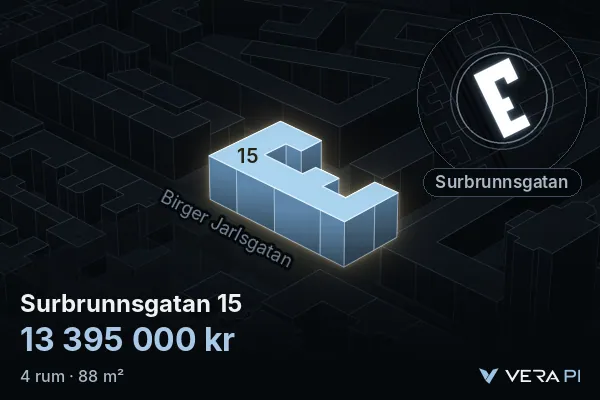 VERA PI:s bild av Surbrunnsgatan 15: huset i 3D, upplyst i blått, och kartan runt omkring