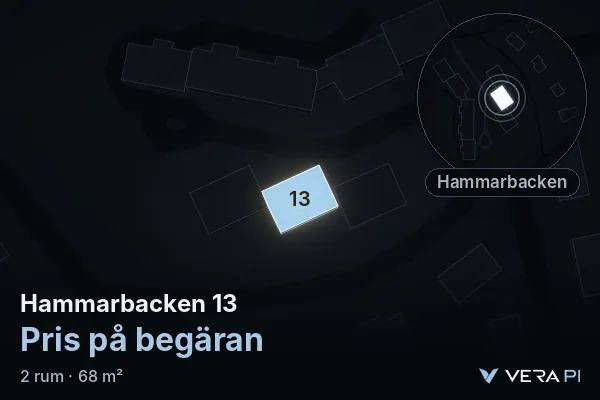VERA PI's image of Hammarbacken 13: the building in 3D, lit in blue, and the map around it