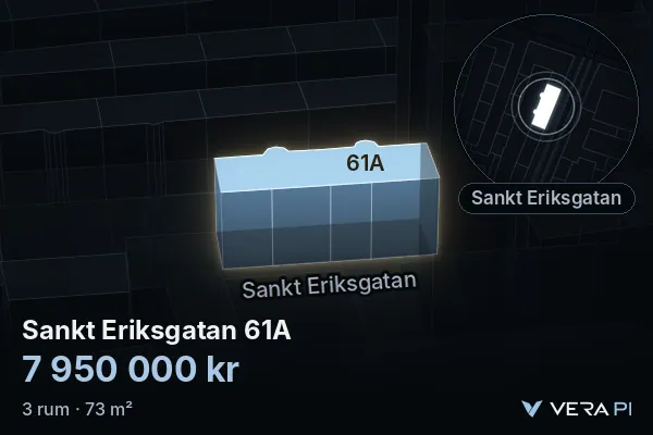 VERA PI's image of Sankt Eriksgatan 61A: the building in 3D, lit in blue, and the map around it