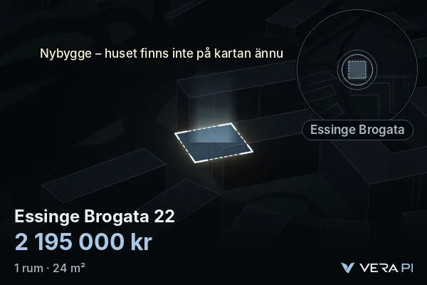 VERA PI:s bild av Essinge Brogata 22: huset i 3D, upplyst i blått, och kartan runt omkring