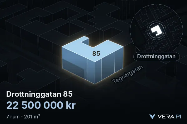 VERA PI's image of Drottninggatan 85: the building in 3D, lit in blue, and the map around it