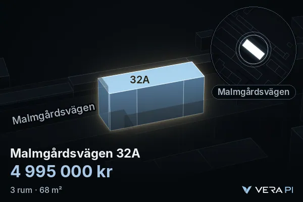 VERA PI's image of Malmgårdsvägen 32A: the building in 3D, lit in blue, and the map around it