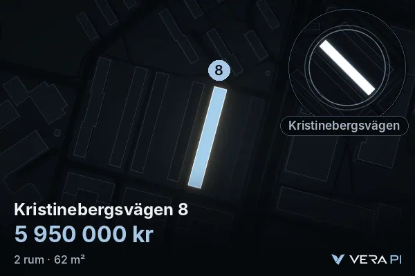 VERA PI:s bild av Kristinebergsvägen 8: huset i 3D, upplyst i blått, och kartan runt omkring
