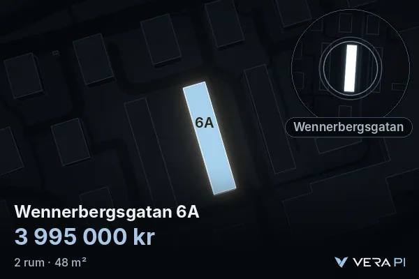 VERA PI:s bild av Wennerbergsgatan 6A: huset i 3D, upplyst i blått, och kartan runt omkring