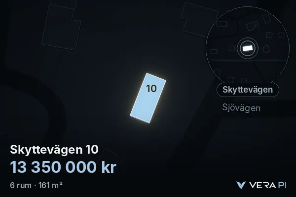 VERA PI:s bild av Skyttevägen 10: huset i 3D, upplyst i blått, och kartan runt omkring