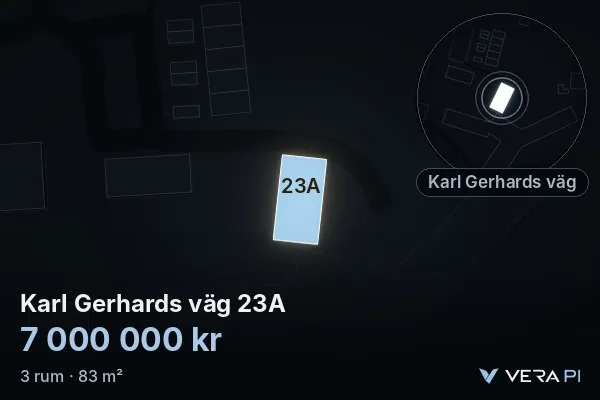 VERA PI:s bild av Karl Gerhards väg 23A: huset i 3D, upplyst i blått, och kartan runt omkring
